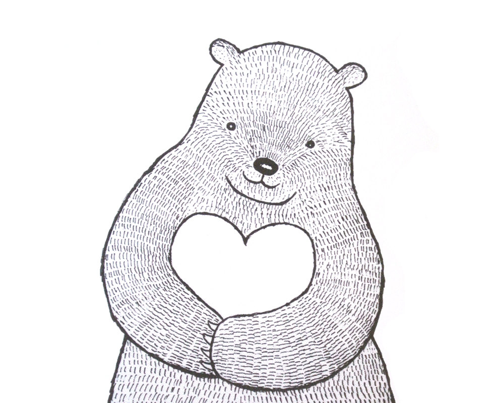 1000x800 Bear With Heart Ink Drawing Print Bear Illustration Black Amp