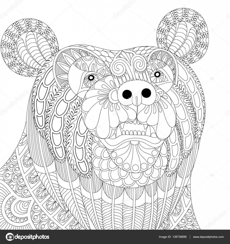 963x1024 Patterned Head Of The Growling Bear Stock Vector