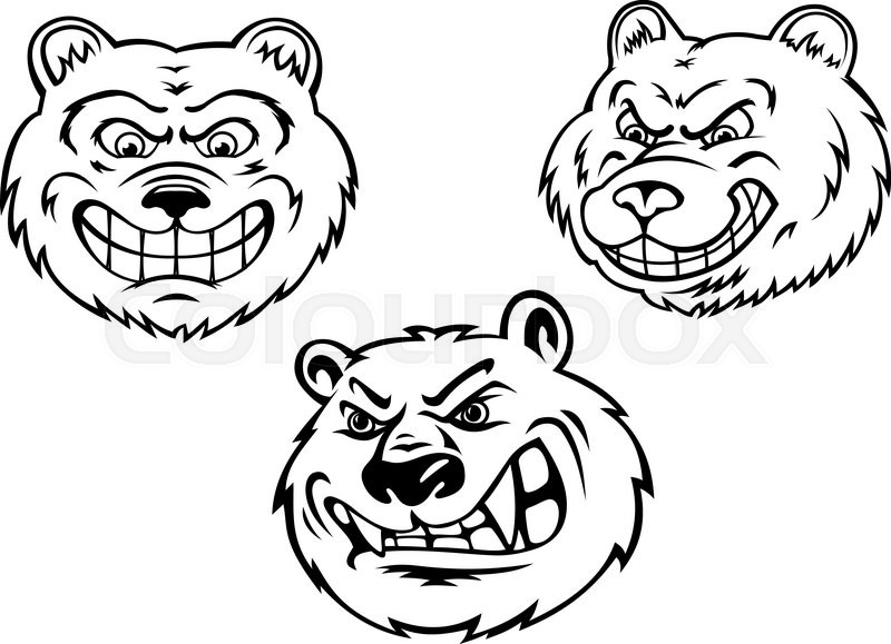 800x579 Cartoon Growling Bear Heads In Black And White Colors Isolated