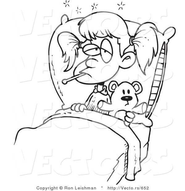 600x620 Vector Of A Sick Cartoon Girl Resting In Bed With Teddy Bear