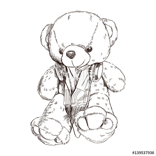 500x500 Teddy Bear With Headphones. Pencil Sketch. Vector Illustration