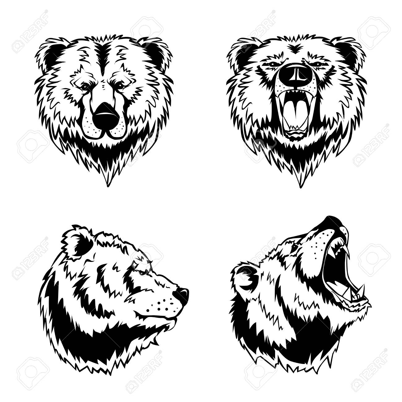 1299x1300 Hand Drawn Ink Engravings Set Of Four Bear Head In Different