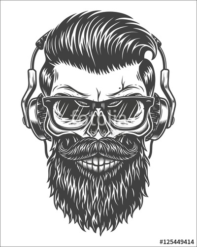 400x500 Monochrome Illustration Of Skull With Beard, Mustache, Hipster