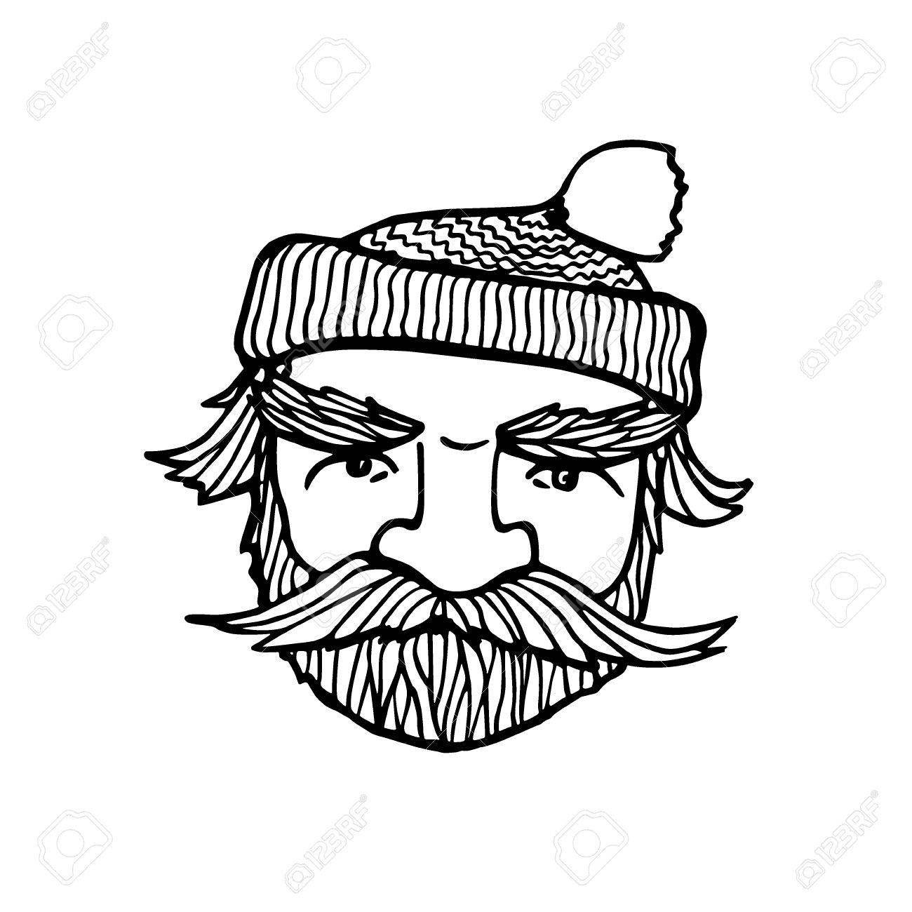 1300x1300 Hand Drawn Head Of Bearded Man With Knitted Cap On. Vector