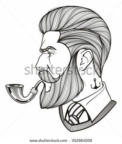 401x470 Hand Drawn Portrait Of Bearded Man With Pipe Side View Forty