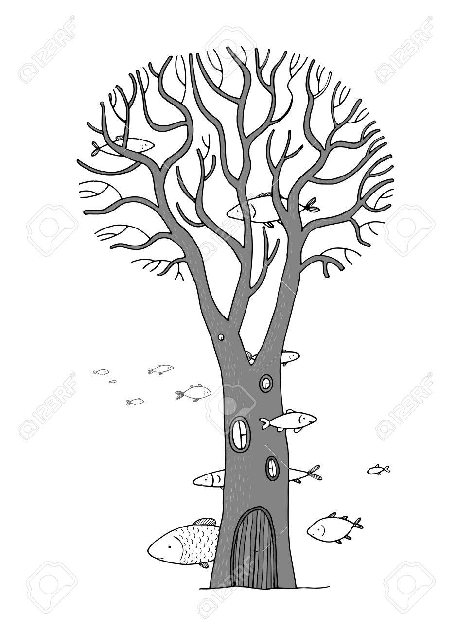 975x1300 Beautiful Magic Tree And Sea Fish. Hand Drawing Isolated Objects