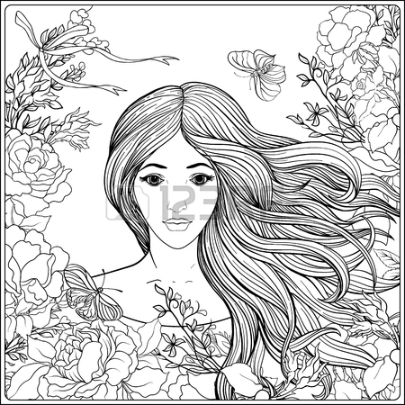 450x450 Young Beautiful Girl With Long Hair. Stock Line Vector