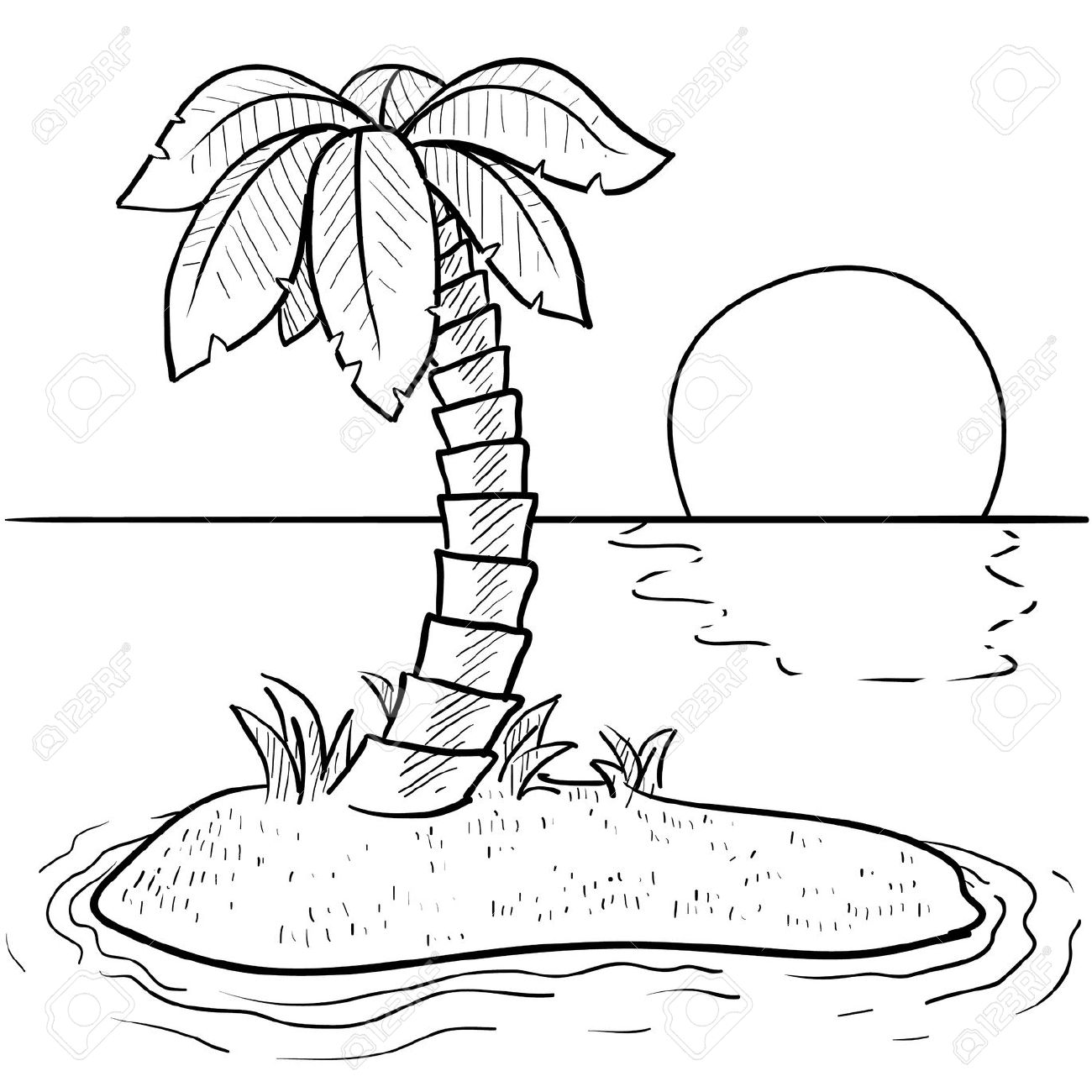 1300x1300 Doodle Style Tropical Or Deserted Island With Palm Tree And Sunset
