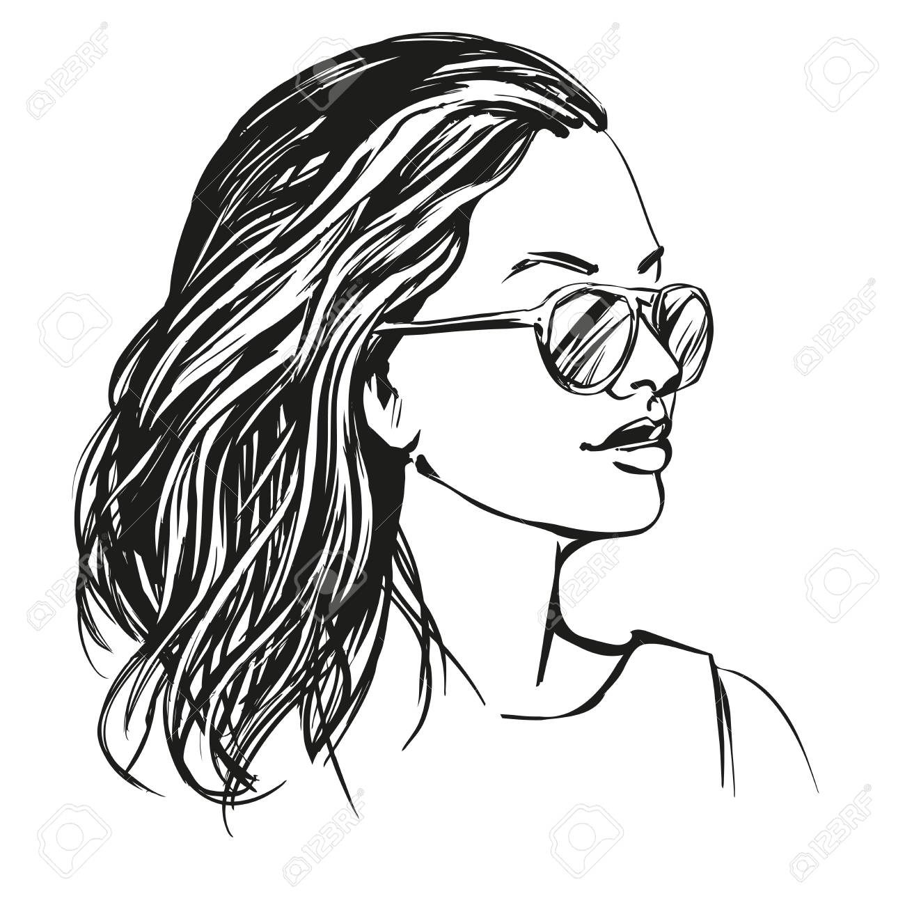 1300x1300 Girl In Sunglasses , Beautiful Woman Face Hand Drawn Vector