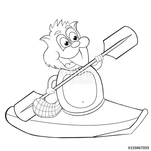 500x500 Coloring Book Cartoon Beaver With Canoe. Vector Clip Art