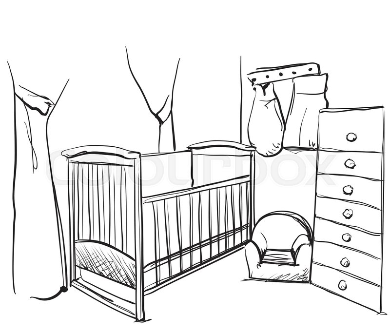 800x685 Hand Drawn Children Room. Furniture Sketch. Baby Bed Stock