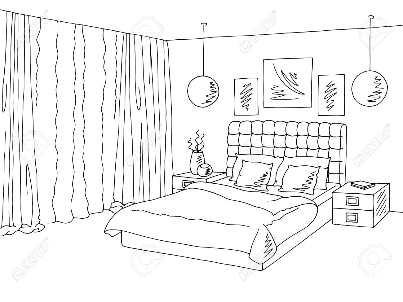 1300x975 Bedroom Black White Graphic Interior Sketch Illustration Vector