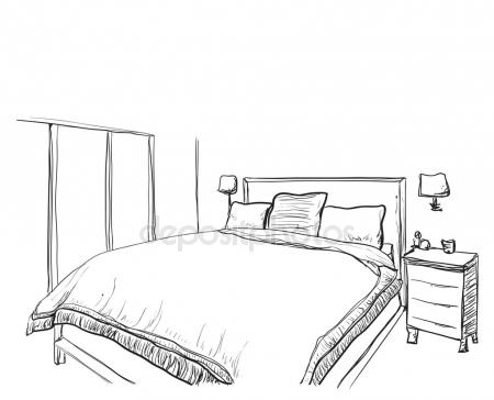 450x364 Bedroom Interior Sketch. Hand Drawn Furniture Stock Vector