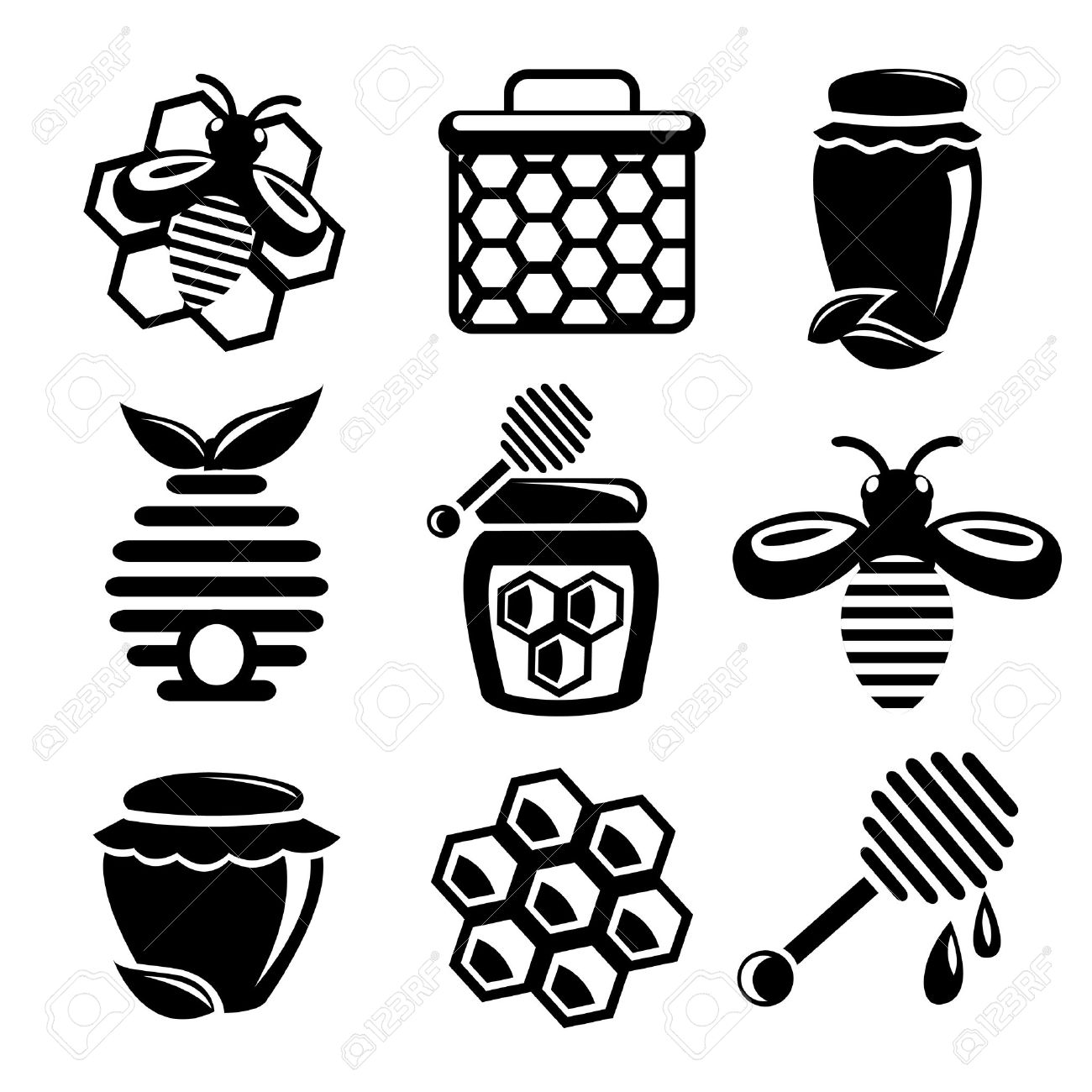 1300x1300 Honey Bee Hive And Cell Food Agriculture Black Silhouette Icons
