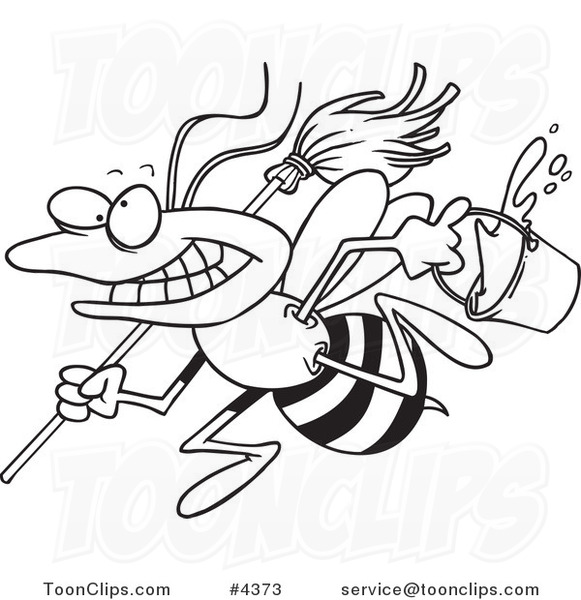581x600 Cartoon Black And White Line Drawing Of A Busy Janitorial Bee