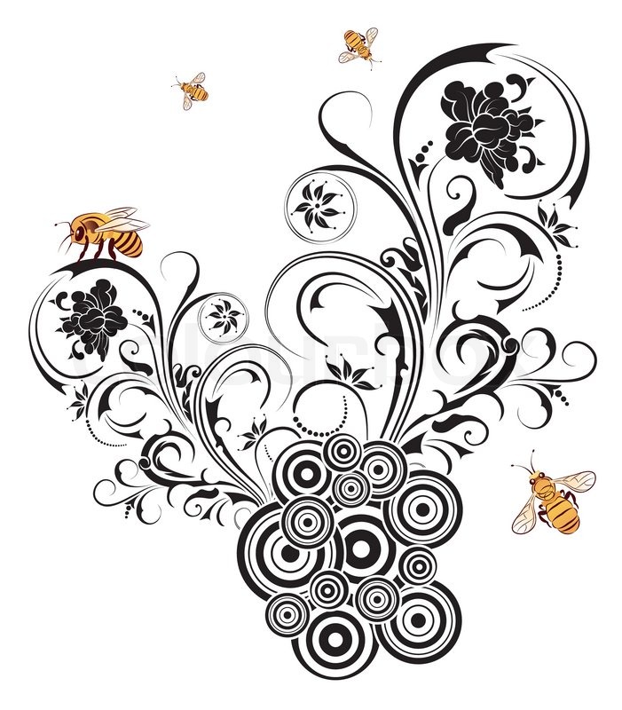 701x800 Silhouette Abstract Flower With Retro Circles And Bee, Element