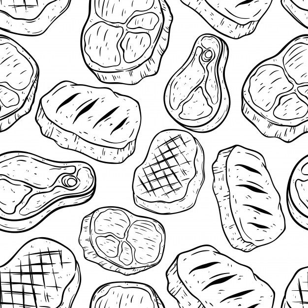 626x626 Doodle Or Hand Drawing Beef Steak In Seamless Pattern Vector