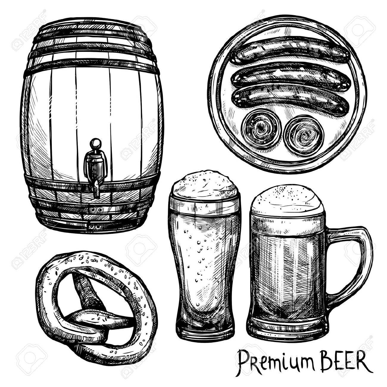 1300x1300 Beer In Pint And Keg With Sausage And Pretzel Sketch Decorative