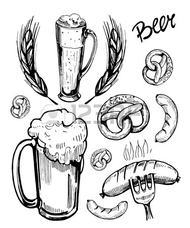 375x450 Sketch A Mug Of Beer With Snacks Sausages, Pretzels. Hand Drawn