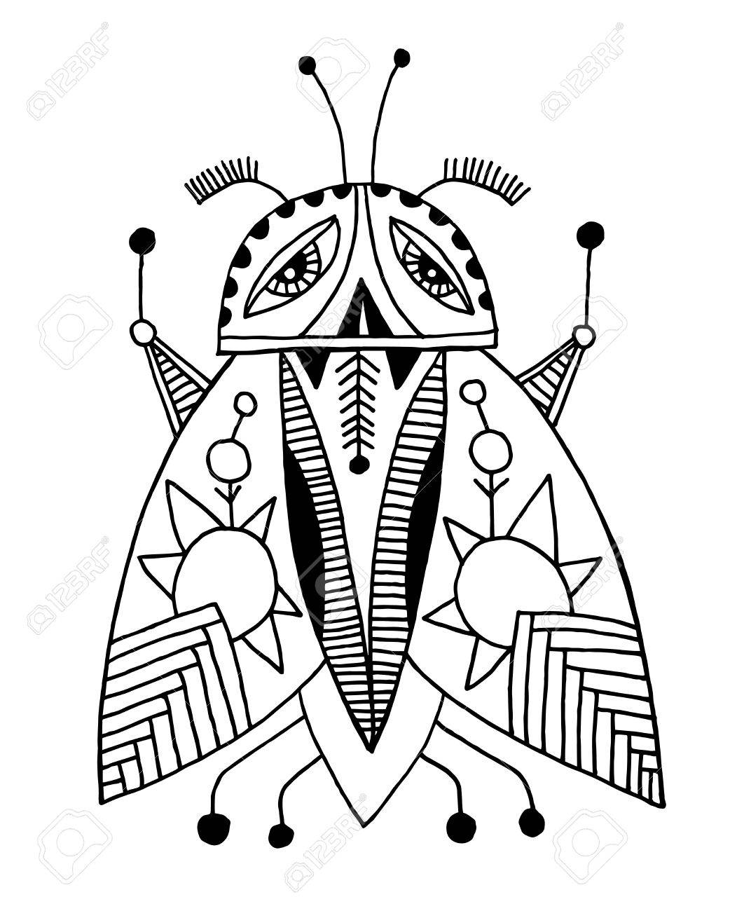 1062x1300 Black And White Handmade Liner Drawing Of Ethnic Beetle In Flat