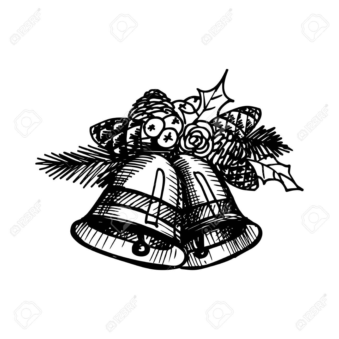 1300x1300 Hand Drawing Artistic Doodle Icon. Christmas Bells. New Year