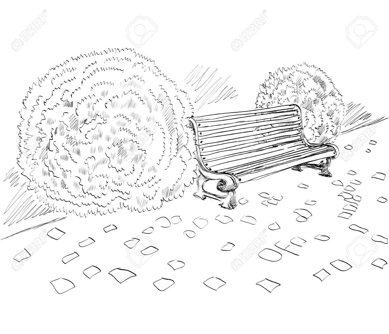 1300x1116 Sketch The Bench In A Park Near The Bushes Royalty Free Cliparts