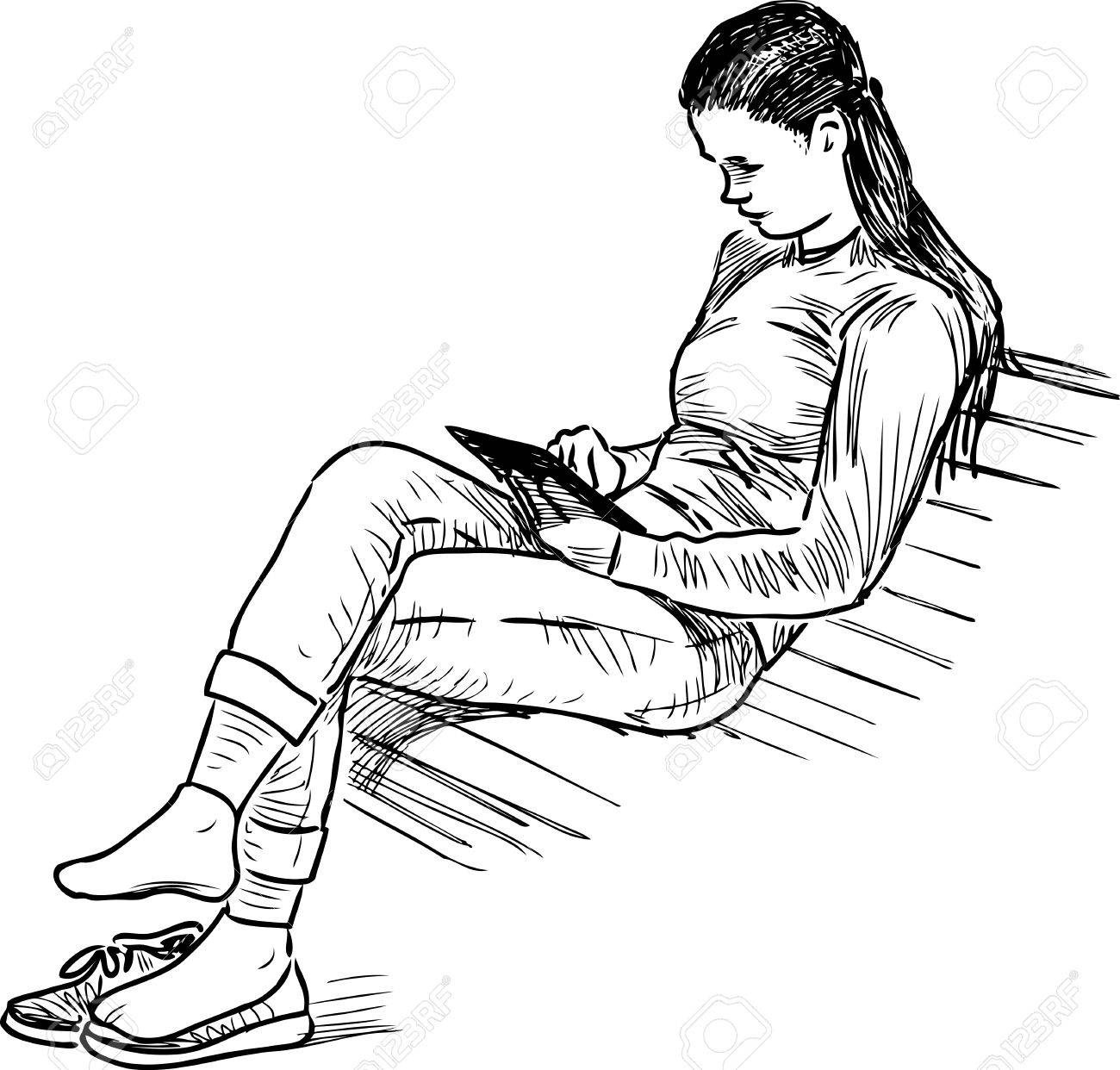 1300x1242 Vector Sketch Of A Girl With A Computer Tablet On A Park Bench