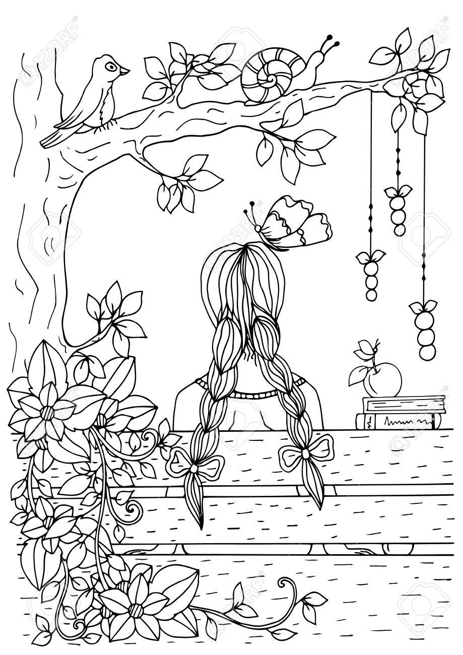 919x1300 Zentangle Girl Sitting On The Bench. Doodle Drawing. Coloring