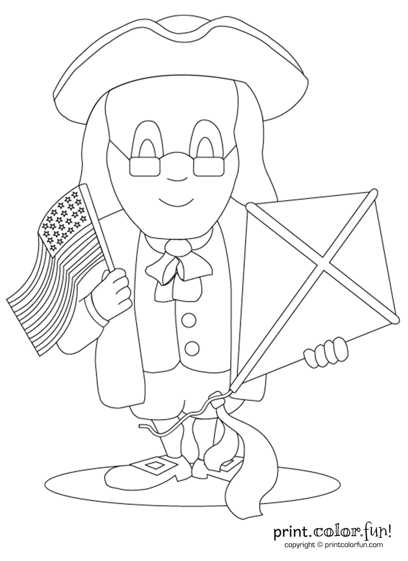 800x1100 Benjamin Franklin With Kite And Flag Coloring Page