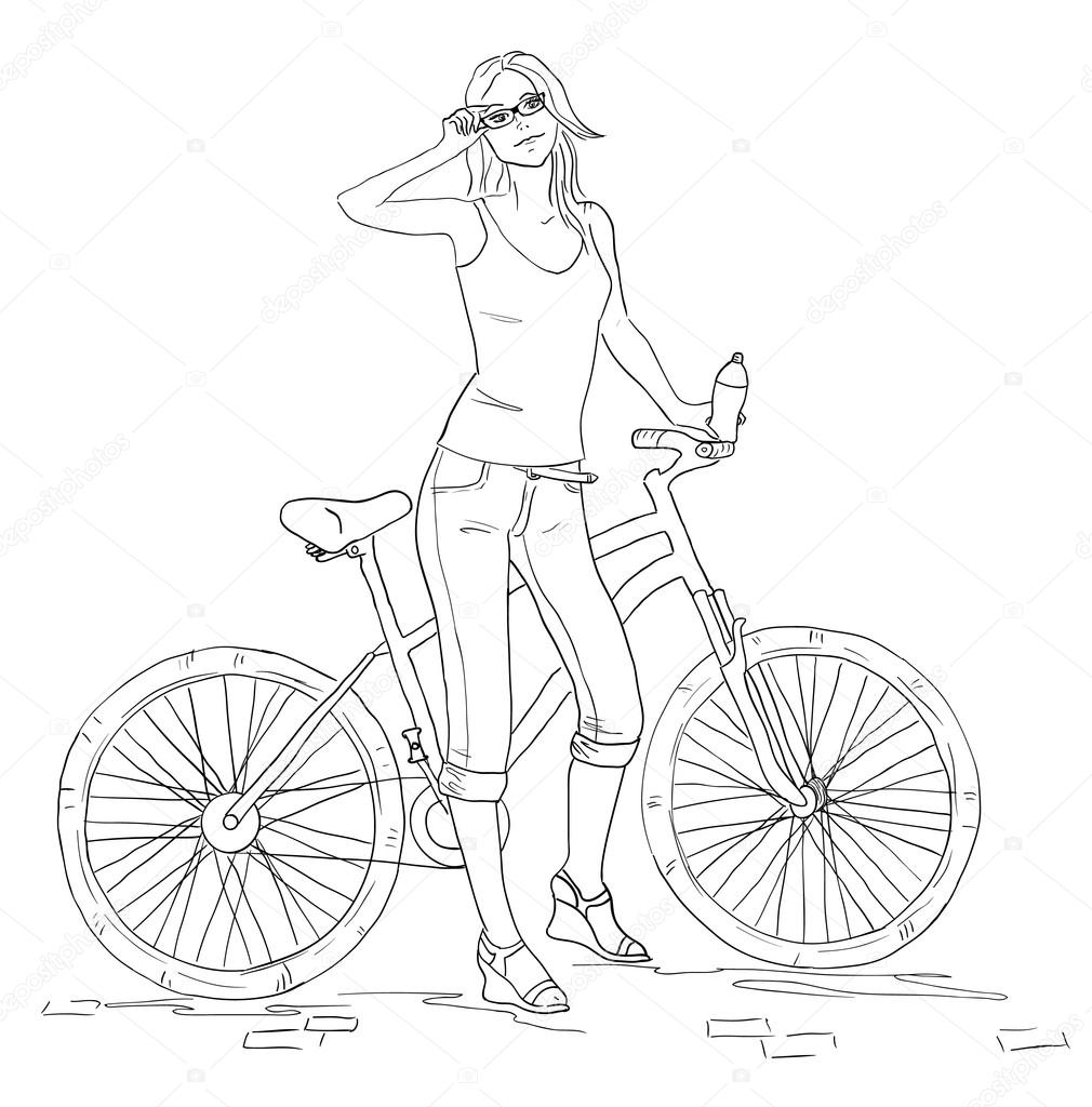 1010x1024 Young Woman With Bike Line Sketch. Pretty Girl In Jeans Stock