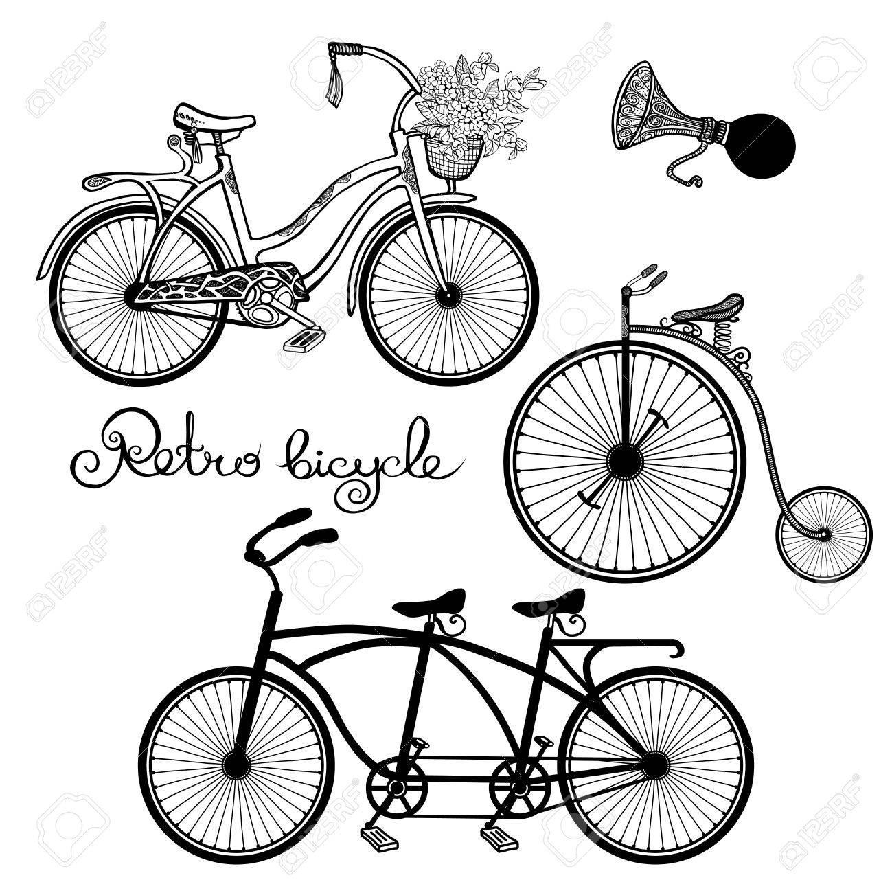 1299x1300 Retro Style Mono And Tandem Bicycles Hand Drawn Set Isolated
