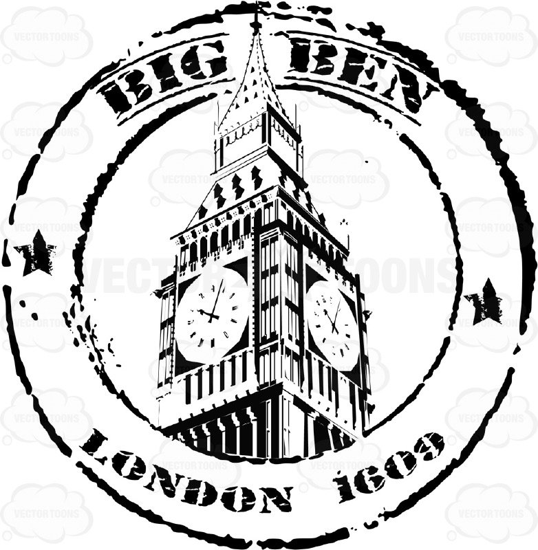 782x800 Big Ben London Black And White Travel Stamp Circle Cartoon Clipart
