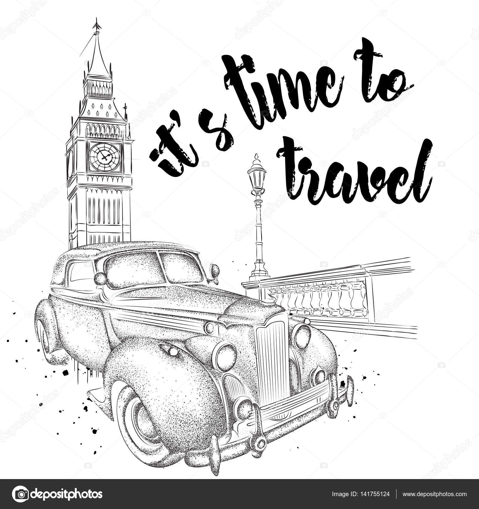 1600x1700 Hand Drawn Vintage Postcard. A Car On Background. London, Big Ben