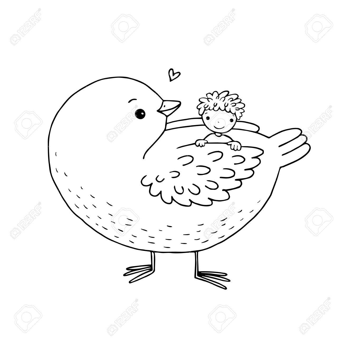 1300x1300 Cute Cartoon Baby And Big Bird. Hand Drawing Isolated Objects