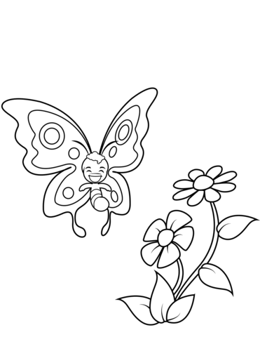 371x480 Cute Butterfly Boy And Two Big Flowers Coloring Page Free