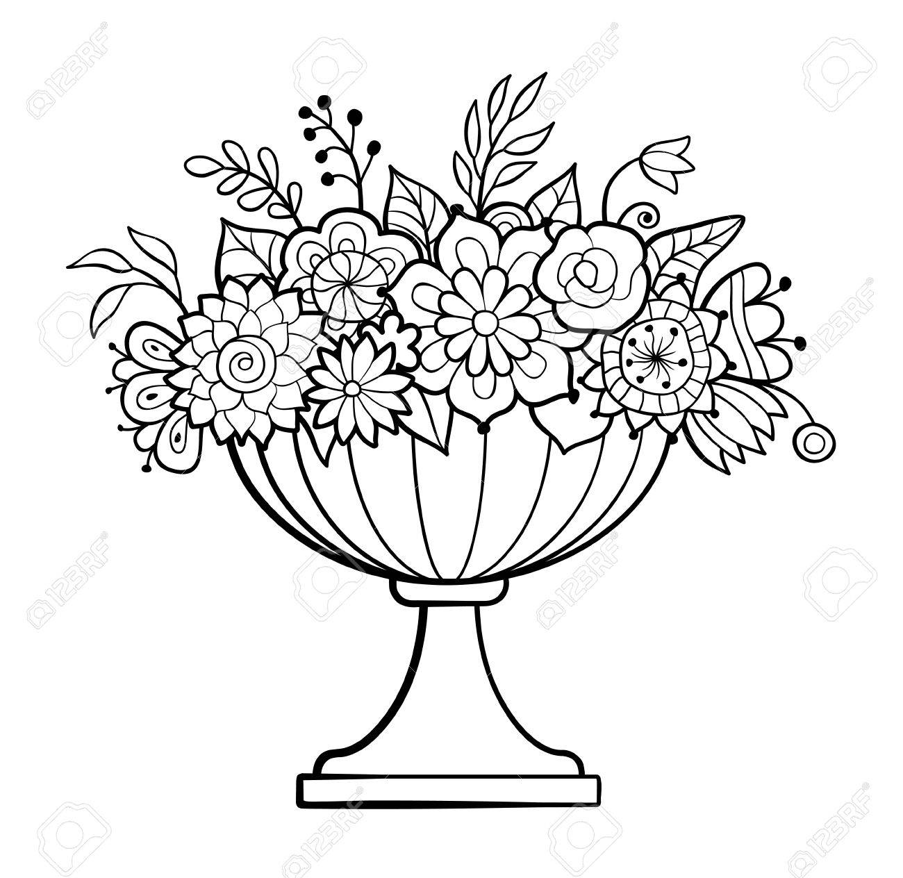 1300x1264 Vase With Flowers. Big Flower Pot. Monochrome Vector Illustration