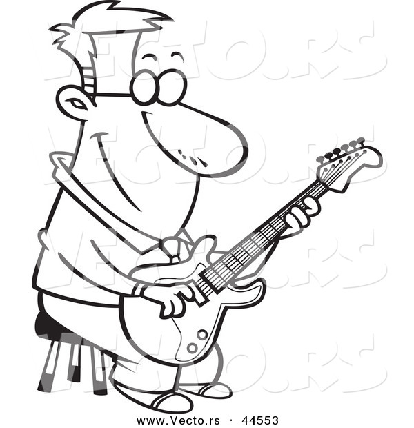 600x620 Vector Of A Happy Cartoon Man Playing A Guitar On A Stool