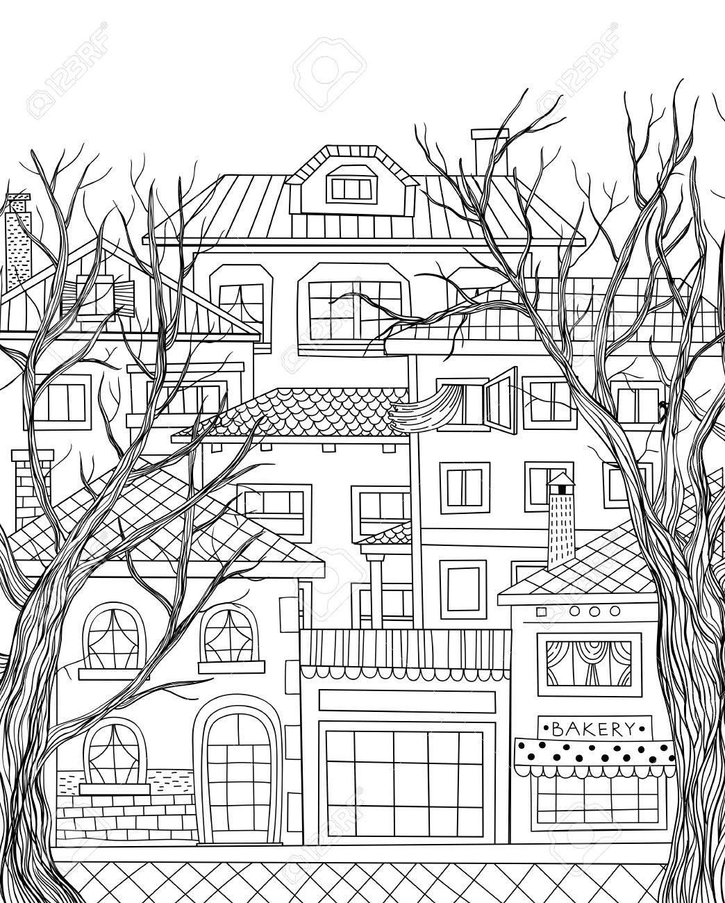 1044x1300 Hand Drawn Houses And Two Big Trees. Town Line Drawing
