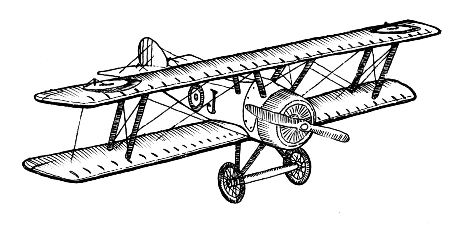 1500x734 Biplane Style Vintage Airplane Ink Drawing Clipart Ready