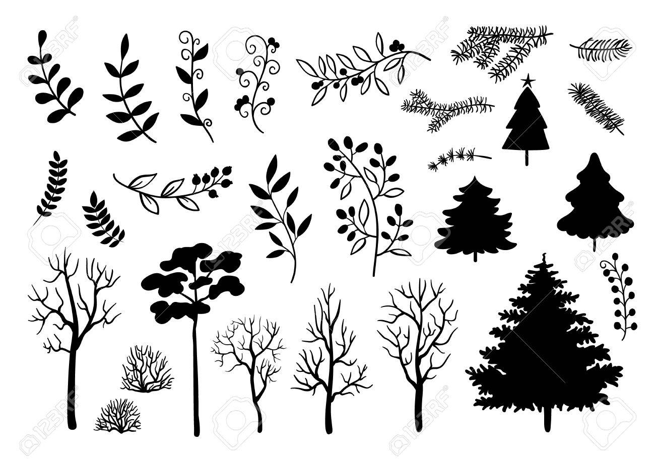 1300x928 Hand Drawn Black Silhouette Of Trees, Branches, Leaves Set. Birch