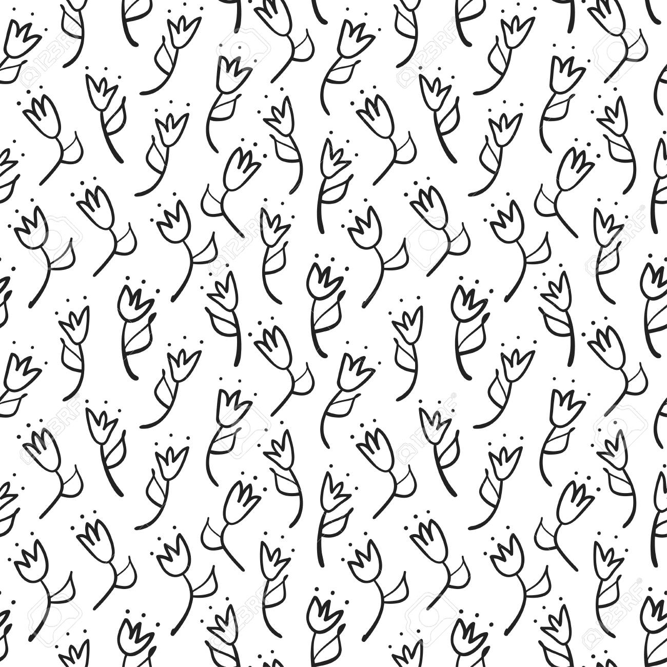 1300x1300 Doodle Tulip Seamless Pattern. Simple Black Outline Background