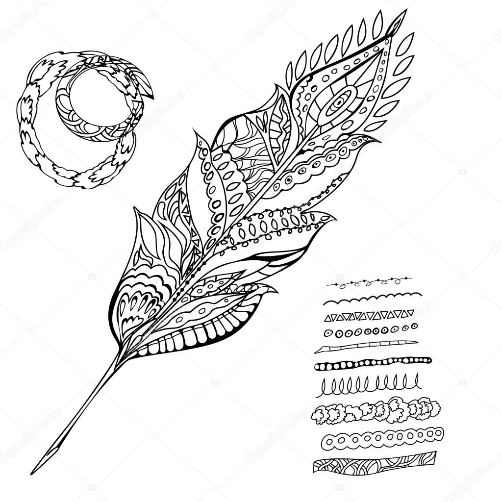 1024x1024 Hand Drawn Doodle Bird Feather Vector Illustration Stock Vector