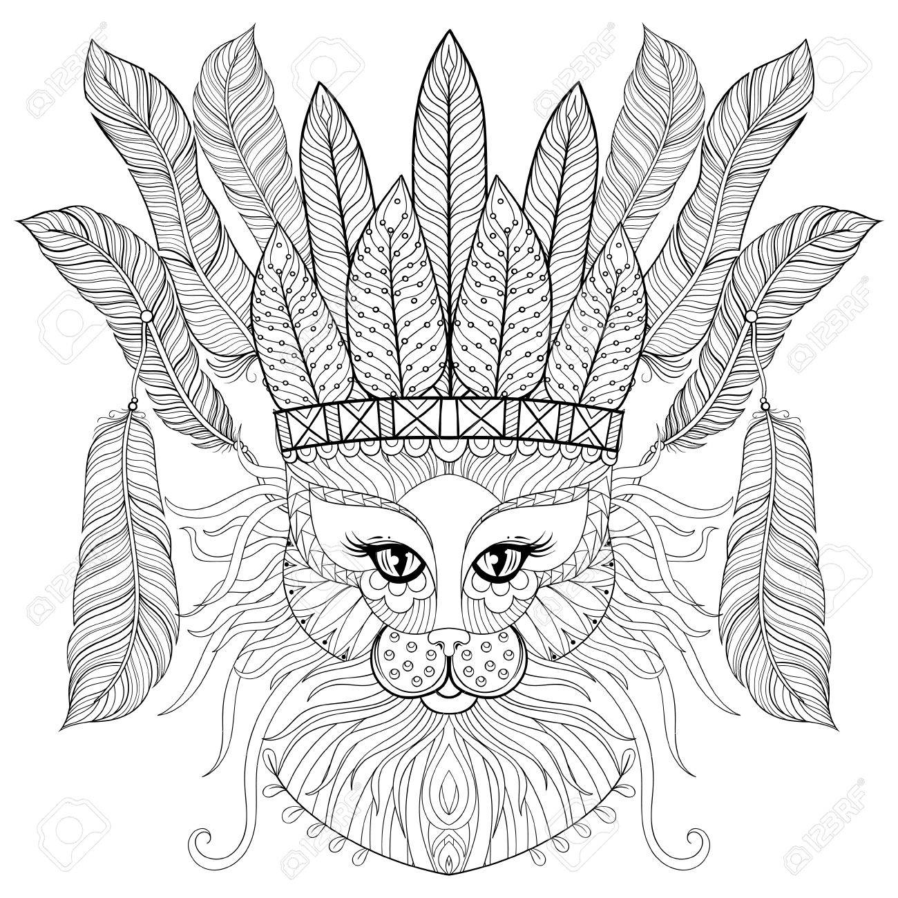 1300x1300 Zentangle Cat With Indian War Bonnet, Bird Feathers For Adult