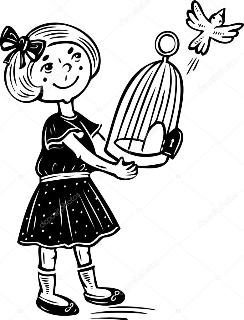 780x1024 Girl Lets Out A Bird From The Cage. Stock Vector Digital