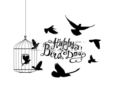 450x360 Happy Bird Day! Hand Written Inscription And Birds Flying Out