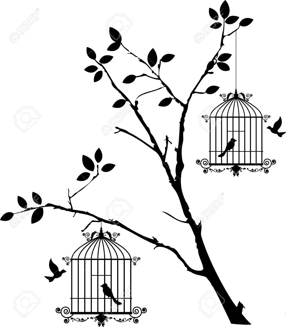 1137x1300 Tree Silhouette With Birds Flying And Bird In A Cage Royalty Free