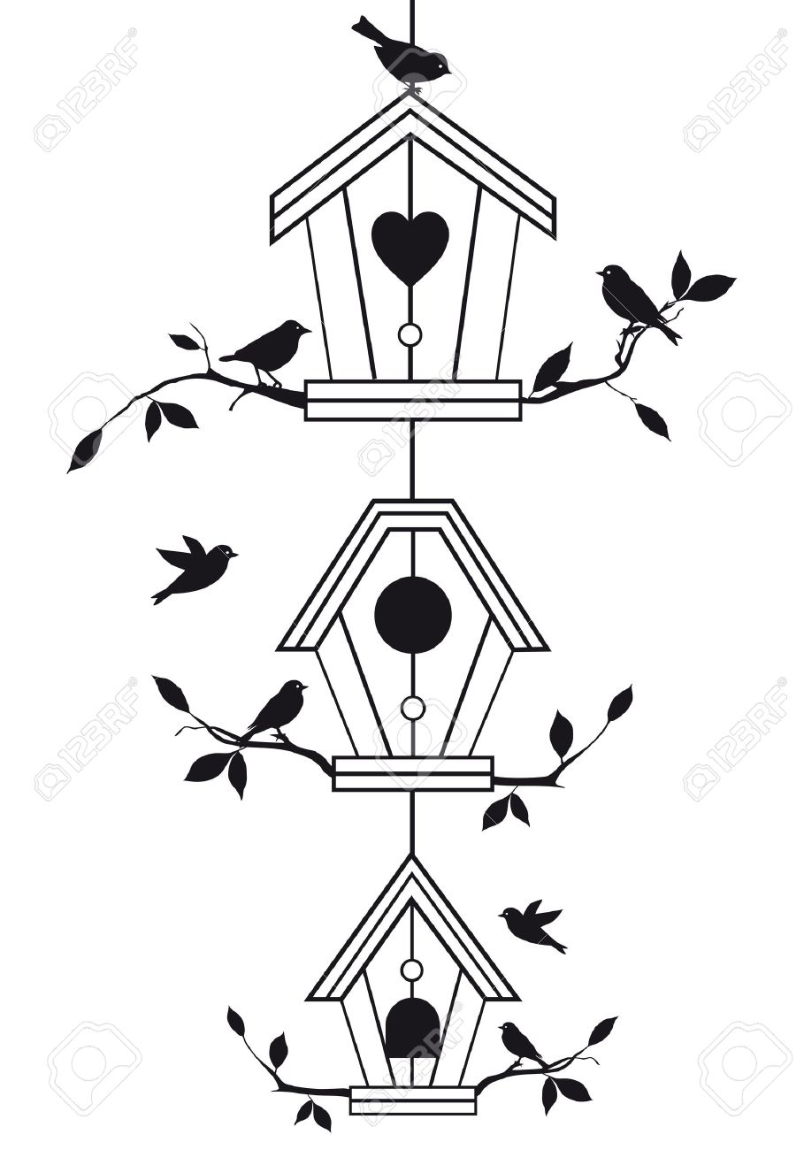 909x1300 Birdhouses With Tree Branches And Birds, Vector Background Royalty