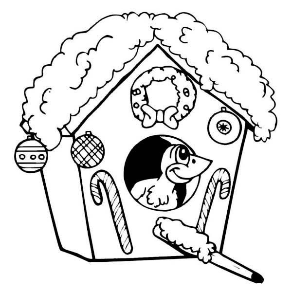 600x600 Christmas Themed Bird House On Winter Season Coloring Page