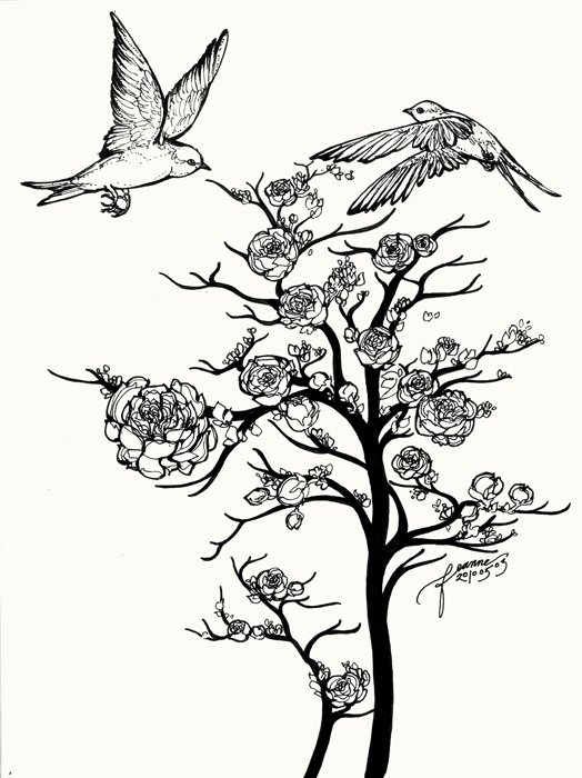 524x700 Two Birds Meet Over Rose Tree By Feanne