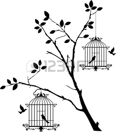 394x450 Tree Silhouette With Birds Flying And Bird In A Cage Royalty Free